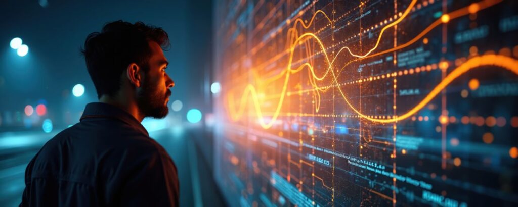 Mann schaut auf digitale Anzeige mit Datenfluss und Algorithmen – Symbolbild fuer KI Unterstuetzung im Dienstleistungssektor
