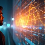Mann schaut auf digitale Anzeige mit Datenfluss und Algorithmen – Symbolbild fuer KI Unterstuetzung im Dienstleistungssektor