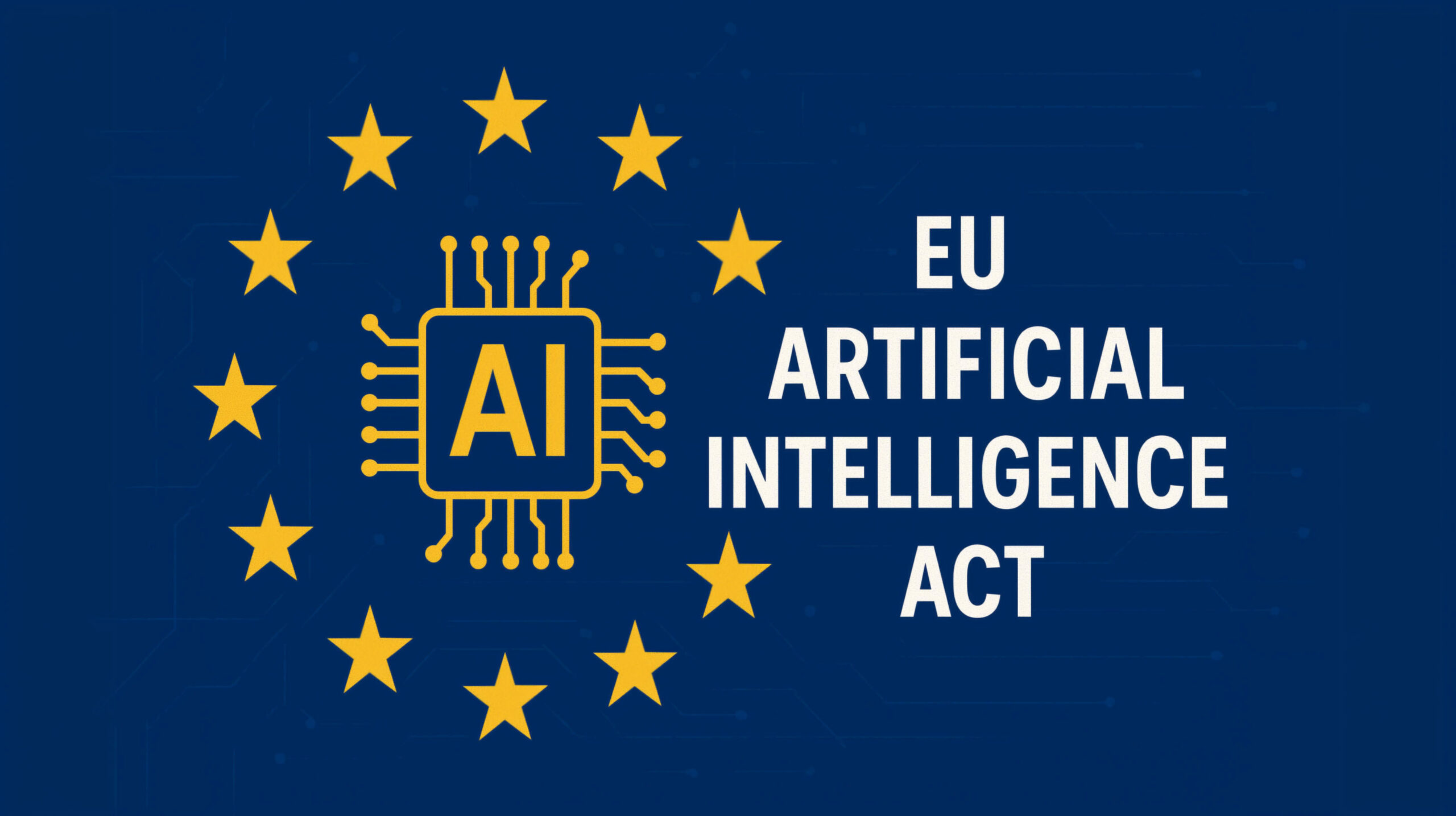 Symbolgrafik mit EU-Sternenkreis und KI-Chip – Hinweis auf regulatorische Vorgaben fuer KI Unterstuetzung in der EU